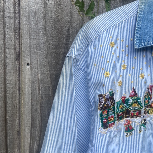 Vintage Christmas Denim Buttondown Shirt|cottagecore Christmas village Holiday - Picture 6 of 10